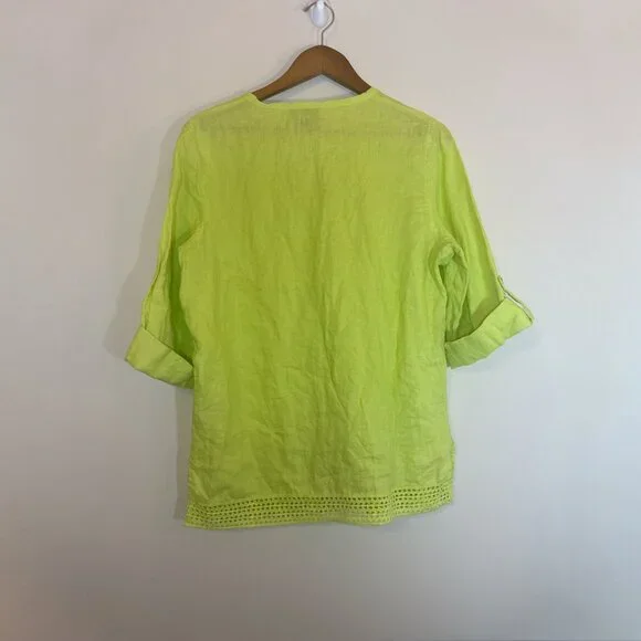Rafaella Womens 100% Linen L Lime Green Lagenlook V-Neck Tunic Top Beach Summer - Picture 3 of 9